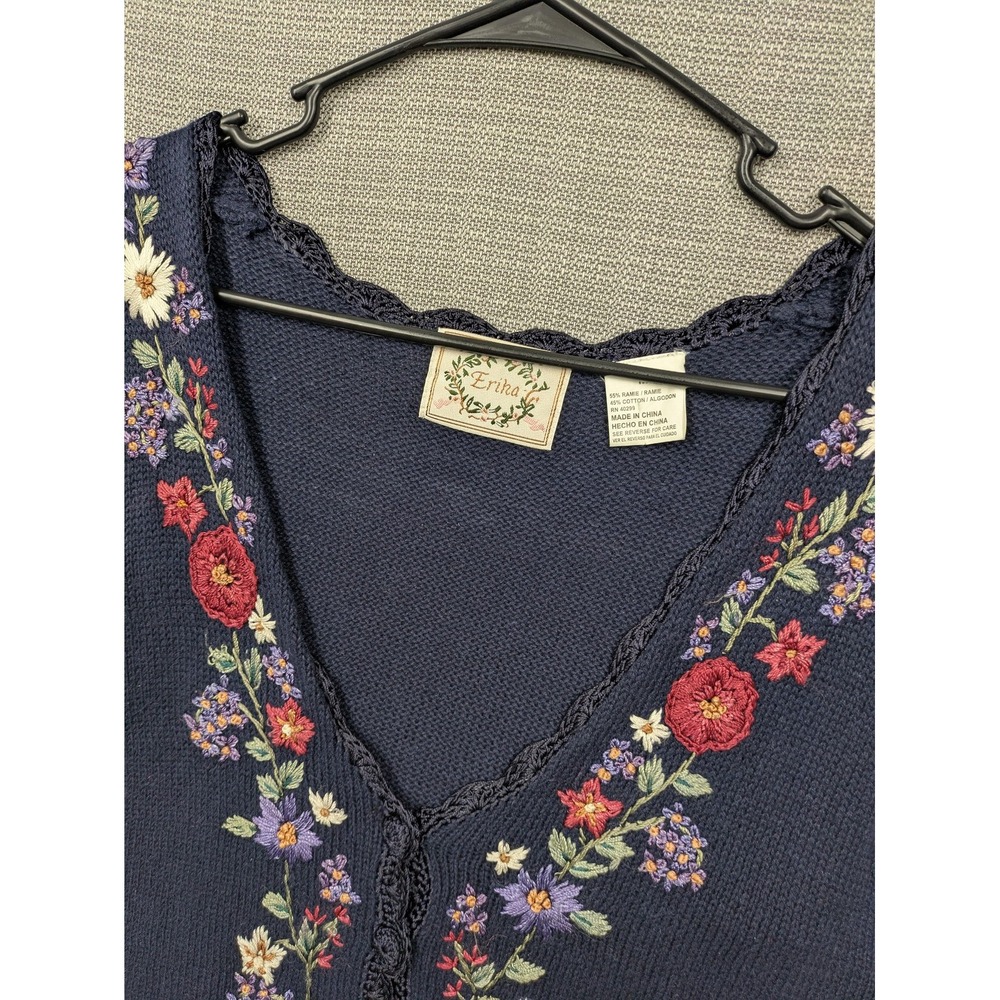Erika Sweater Vest Womens Medium Blue Floral Embroidered Crochet Pockets Knit